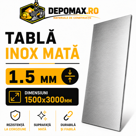 Tabla inox mata AISI 304 2B, 1.5 x 1500 x 3000 mm, 4.5 mp